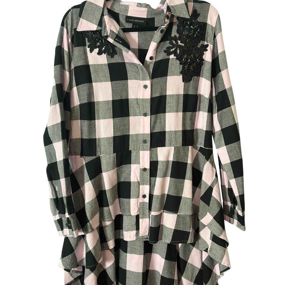 Lane Bryant Embellished Buffalo Plaid Tunic Shirt 14 Sharkbite Hem Cottagecore - Picture 1 of 6